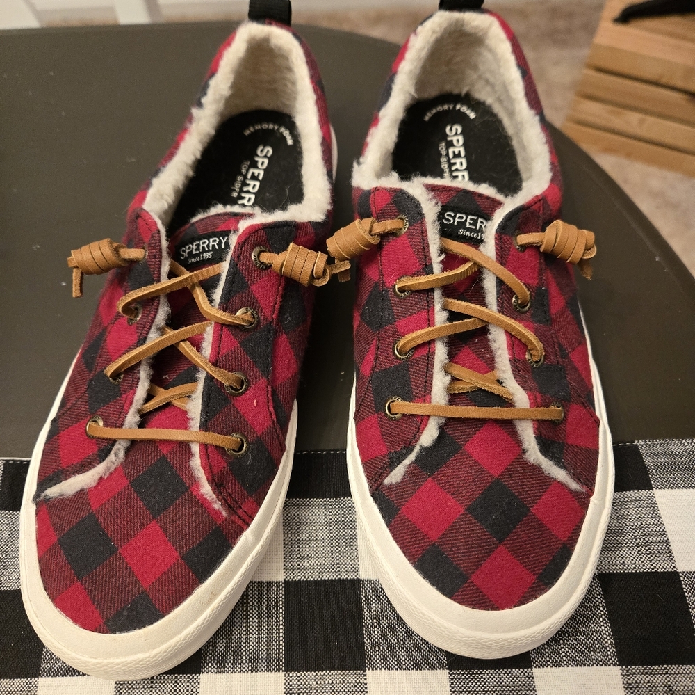Sperry Top Sider 9.5 Pier Wave Canvas Red Black Check Sneakers Deck Shoes